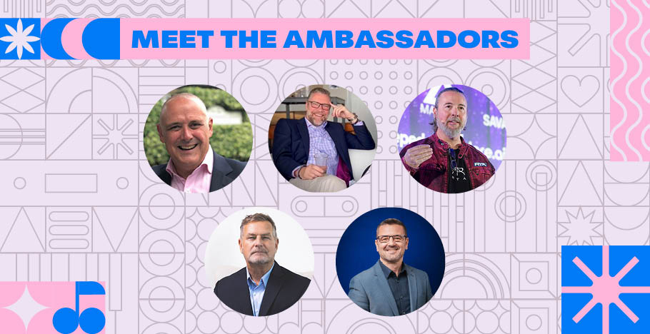 Labelexpo ambassadors: headshots of five industry experts in a pink and blu background with copy above, reading: "Meet the ambassadors"