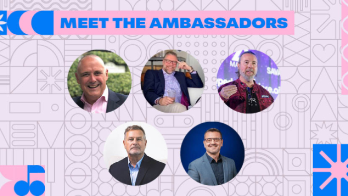 Labelexpo ambassadors: headshots of five industry experts in a pink and blu background with copy above, reading: "Meet the ambassadors"